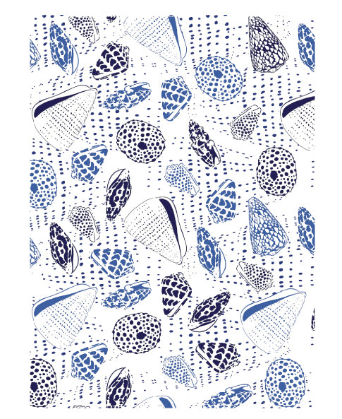 Hinu Rise: Indigo Shells White Tea Towel