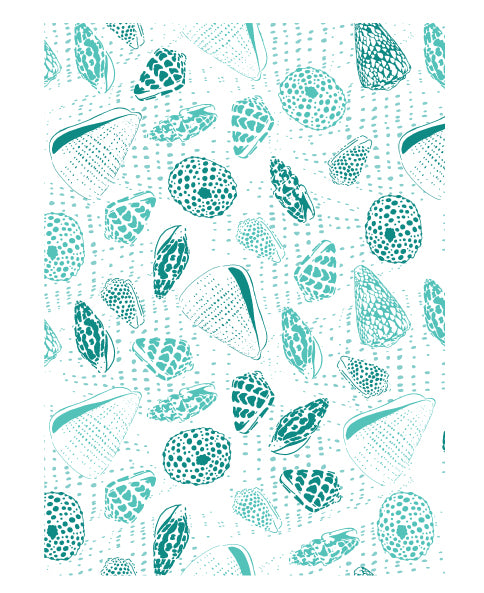 Hinu Rise: Turquoise Shells on White Tea Towel