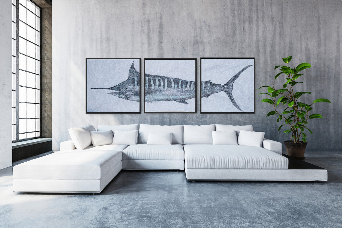 Kristin Belew: "Marge the Marlin" Black and White Gyotaku Triptych