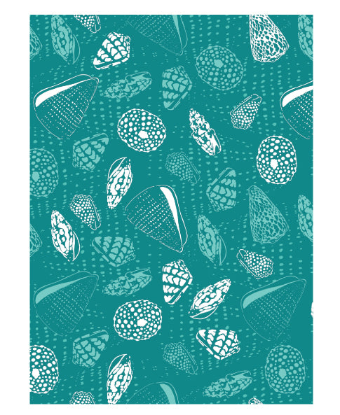 Hinu Rise: Tuquoise Shells on Turquoise Tea Towel