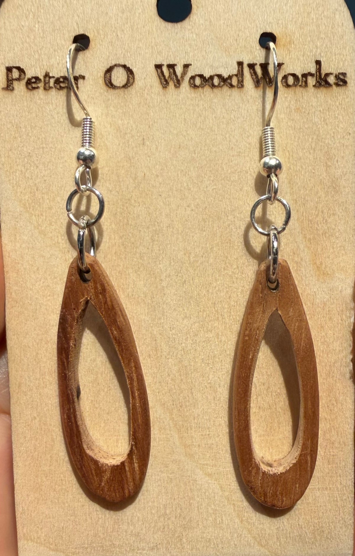 Peter Moran: Koa Earrings "tear drop cutout"