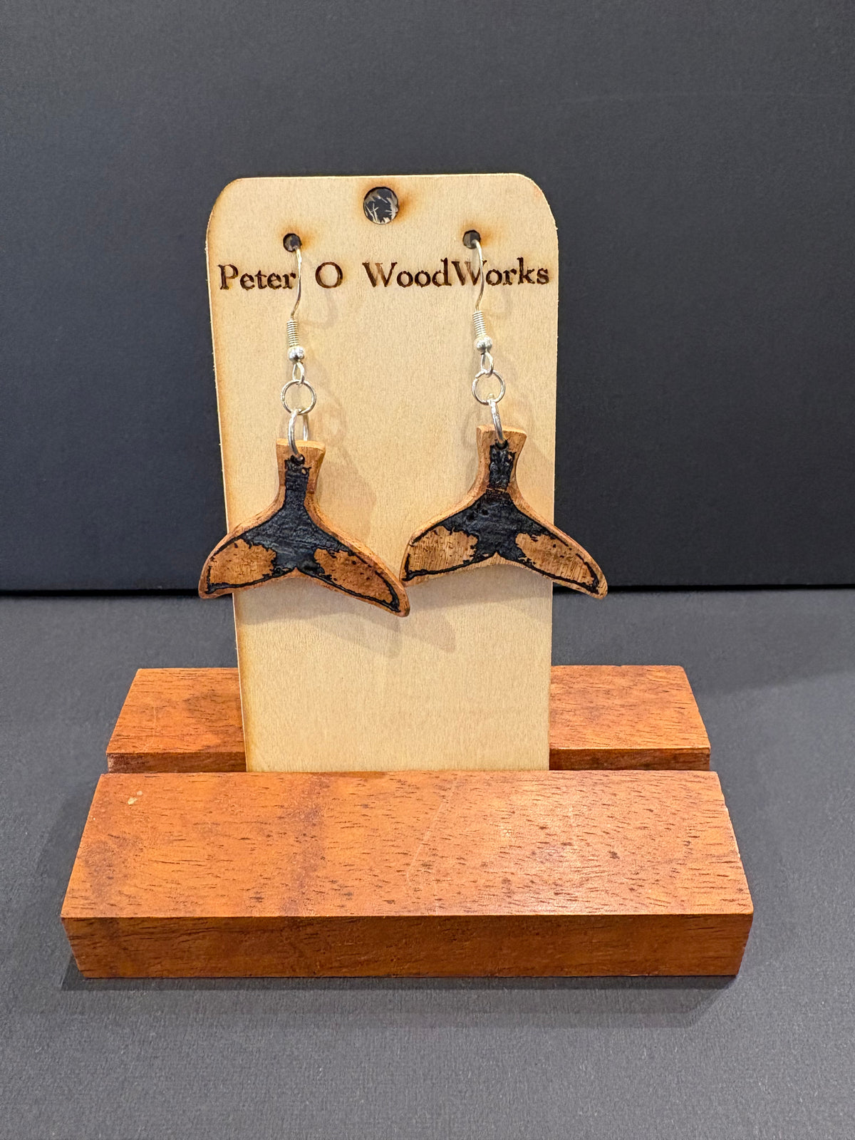 Peter Moran: Koa earrings - Whale Tail w/ epoxy inlay