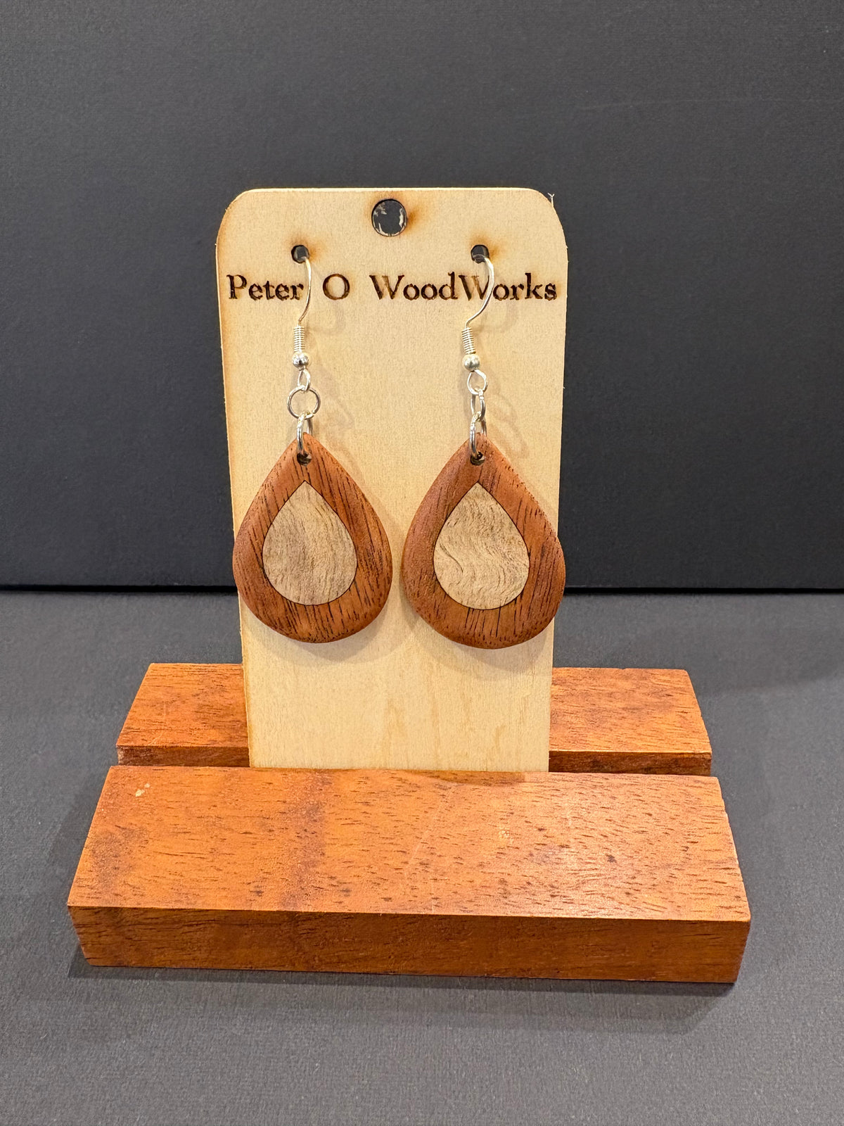Peter Moran: Koa earrings - tear drop w/ blonde koa inlay