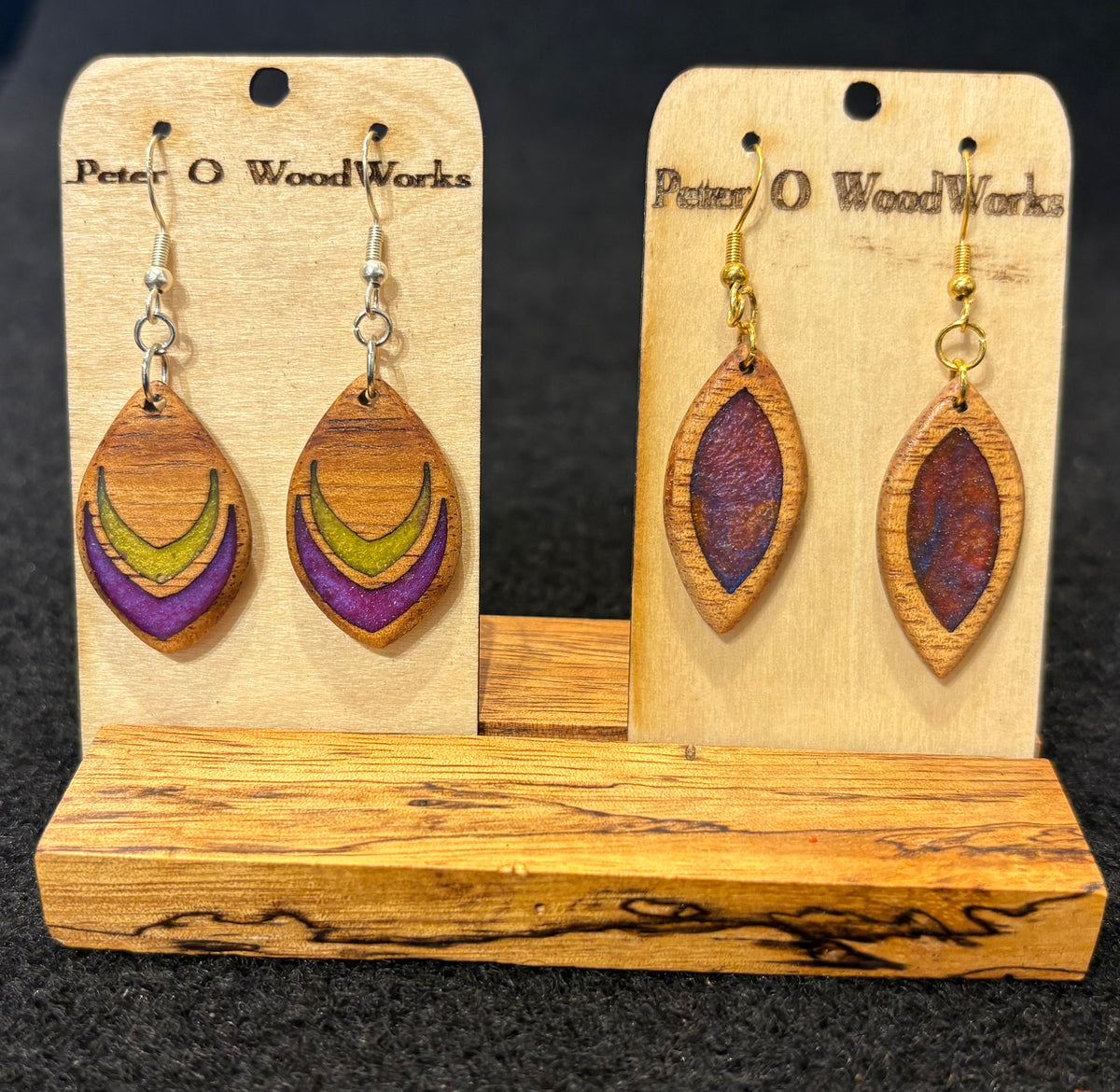Peter Moran: Koa Earrings "assorted epoxy inlay design"