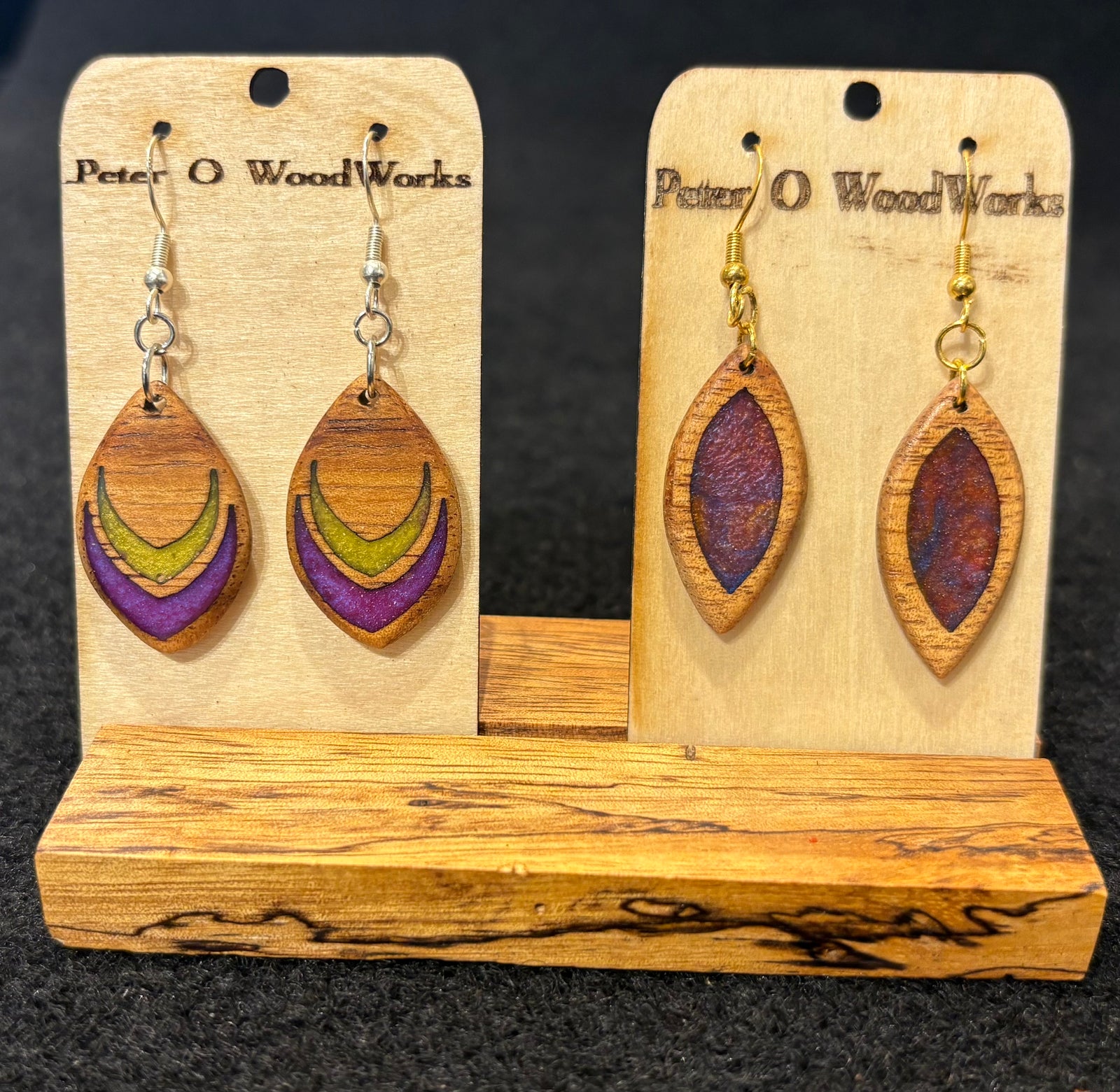 Peter Moran: Koa Earrings "assorted epoxy inlay design"