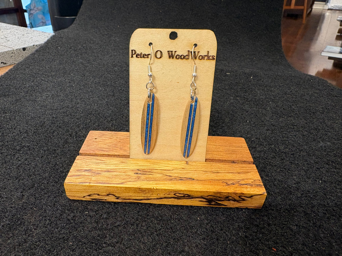 Peter Moran: Cook Pine Earrings "Surf Board" w/ Blue epoxy