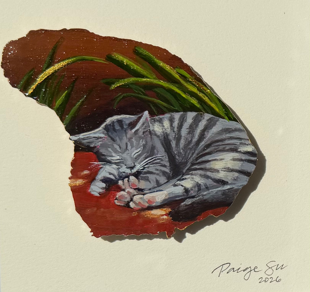 Poshiki: Hand-Painted Lanai Magnet Shadow Box, "Lānaʻi Cat Nap"
