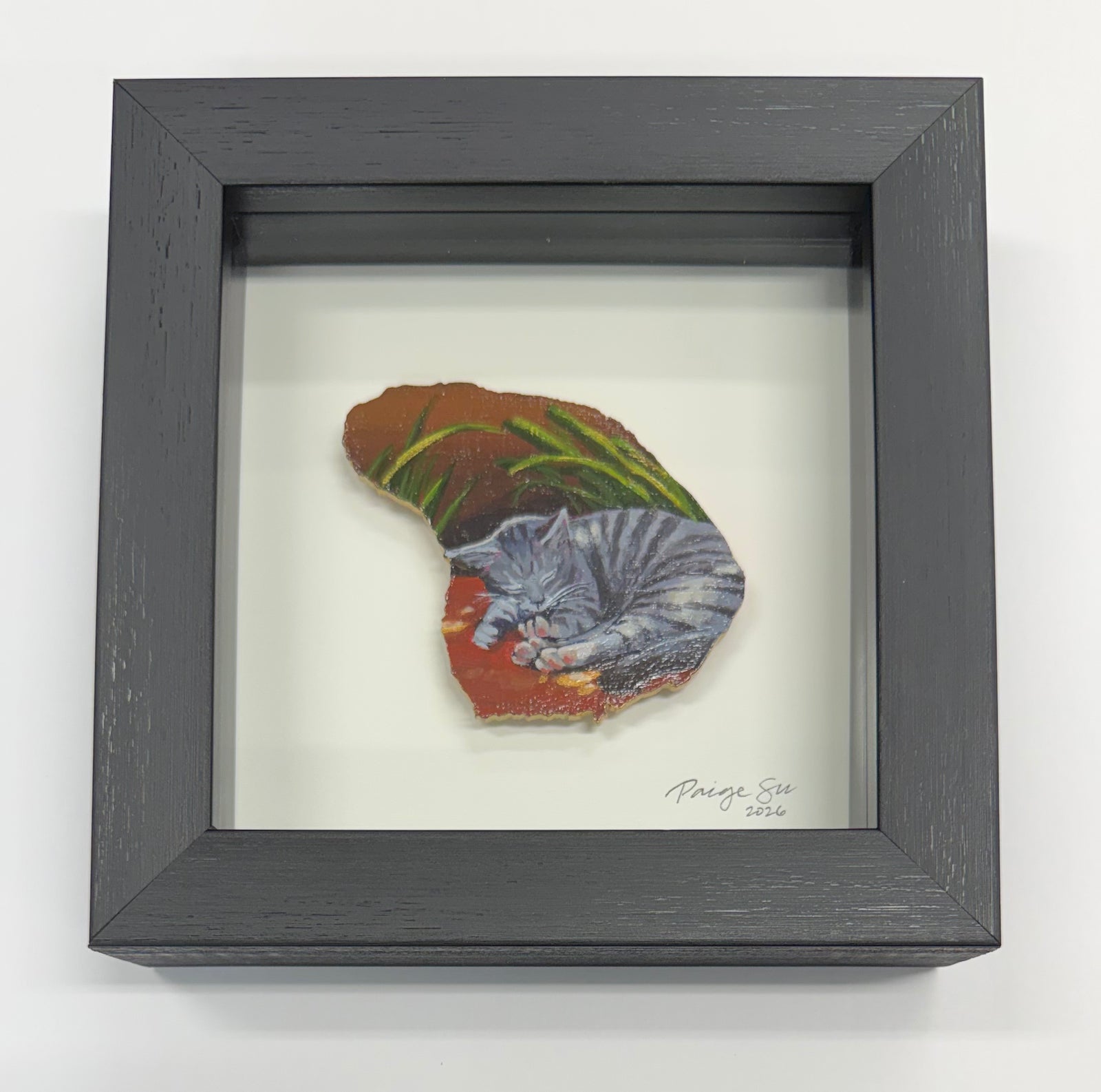 Poshiki: Hand-Painted Lanai Magnet Shadow Box, "Lānaʻi Cat Nap"