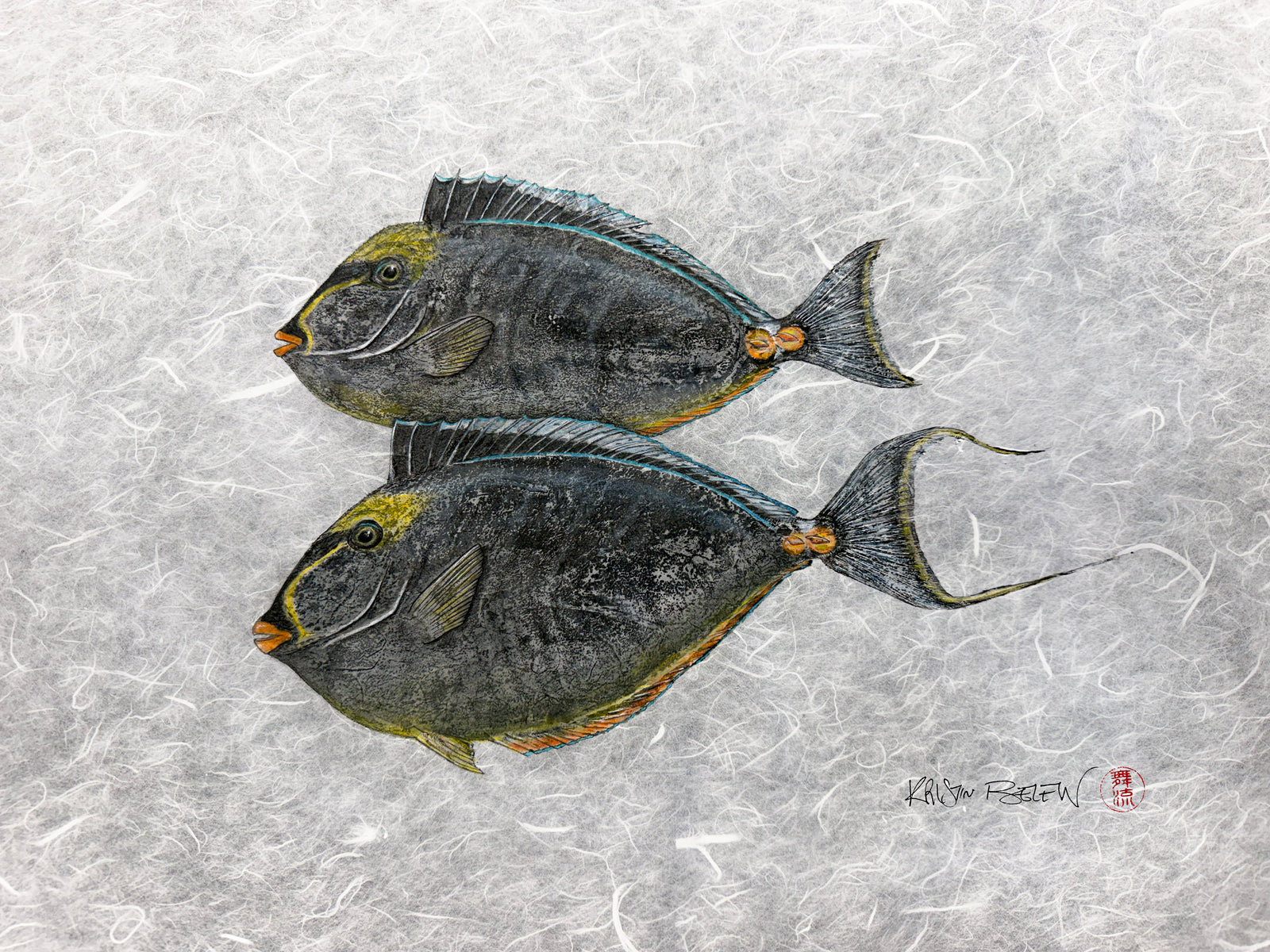 Kristin Belew: "Odd Couple #2" Orange-spine Unicornfish Original Gyotaku