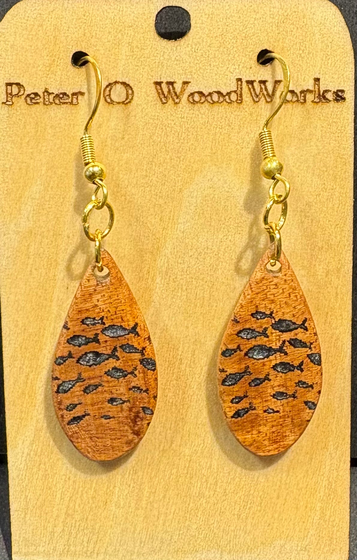 Peter Moran: Koa Earrings "school o fish epoxy inlay (gold hardware)