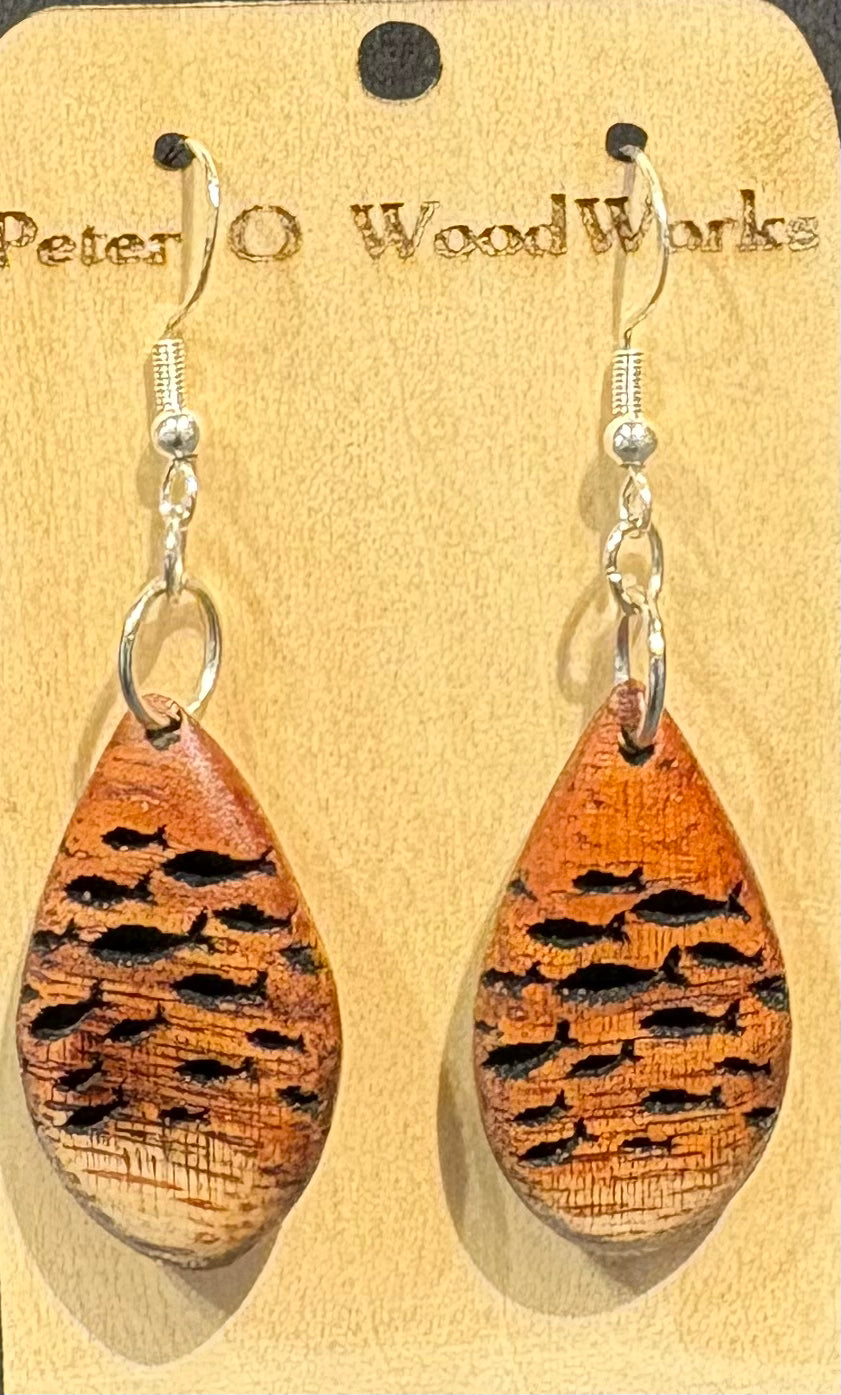Peter Moran: Koa Earrings "Wrap around school of fish"