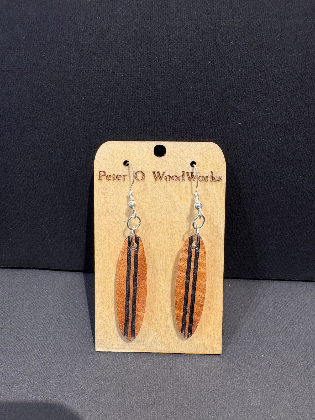 Peter Moran: Koa Earrings "Surf Board" w/ black epoxy