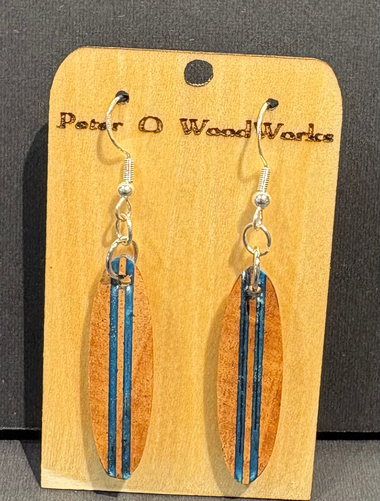Peter Moran: Koa Earrings "Surf Board" w/ Blue epoxy