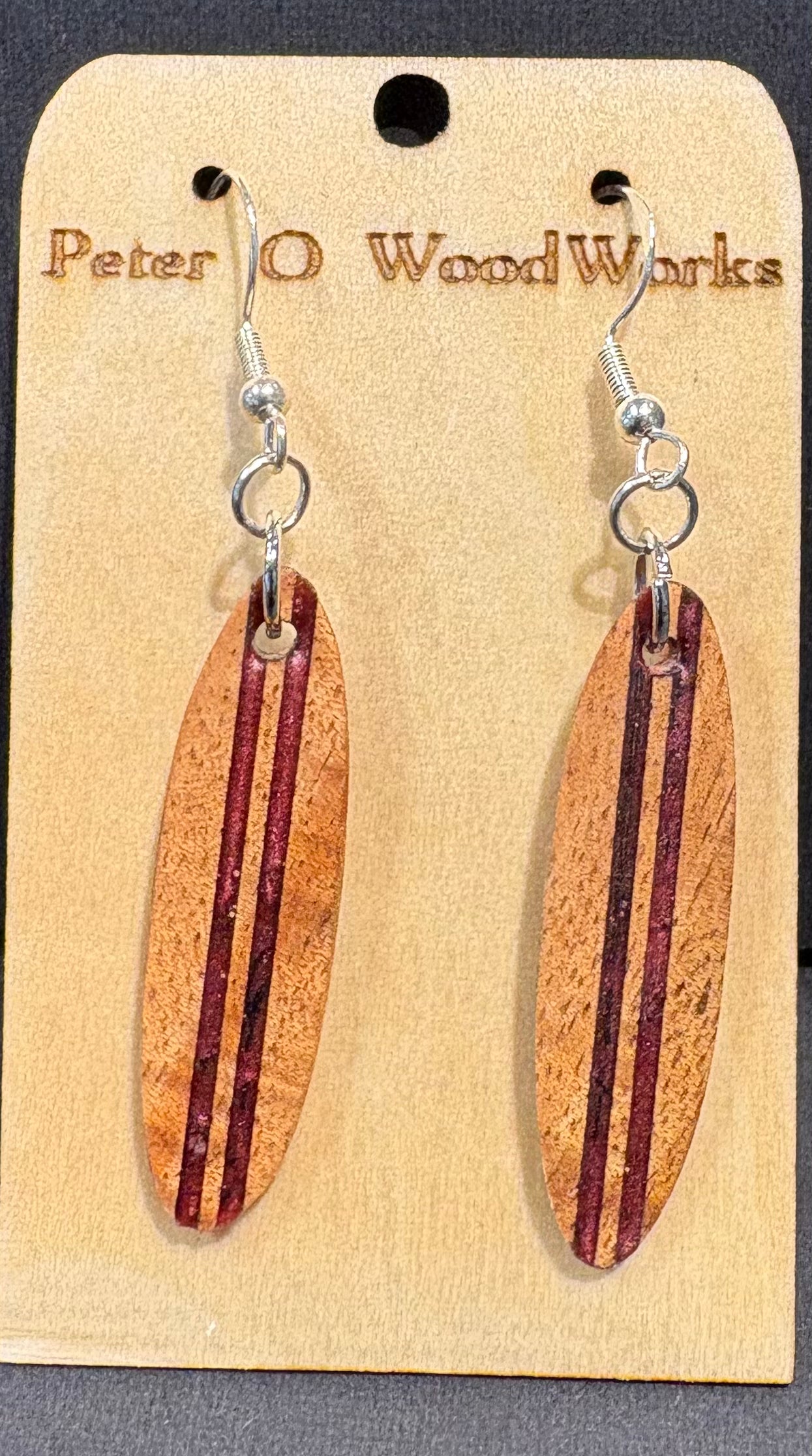 Peter Moran: Koa Earrings "Surf Board" w/ Purple epoxy