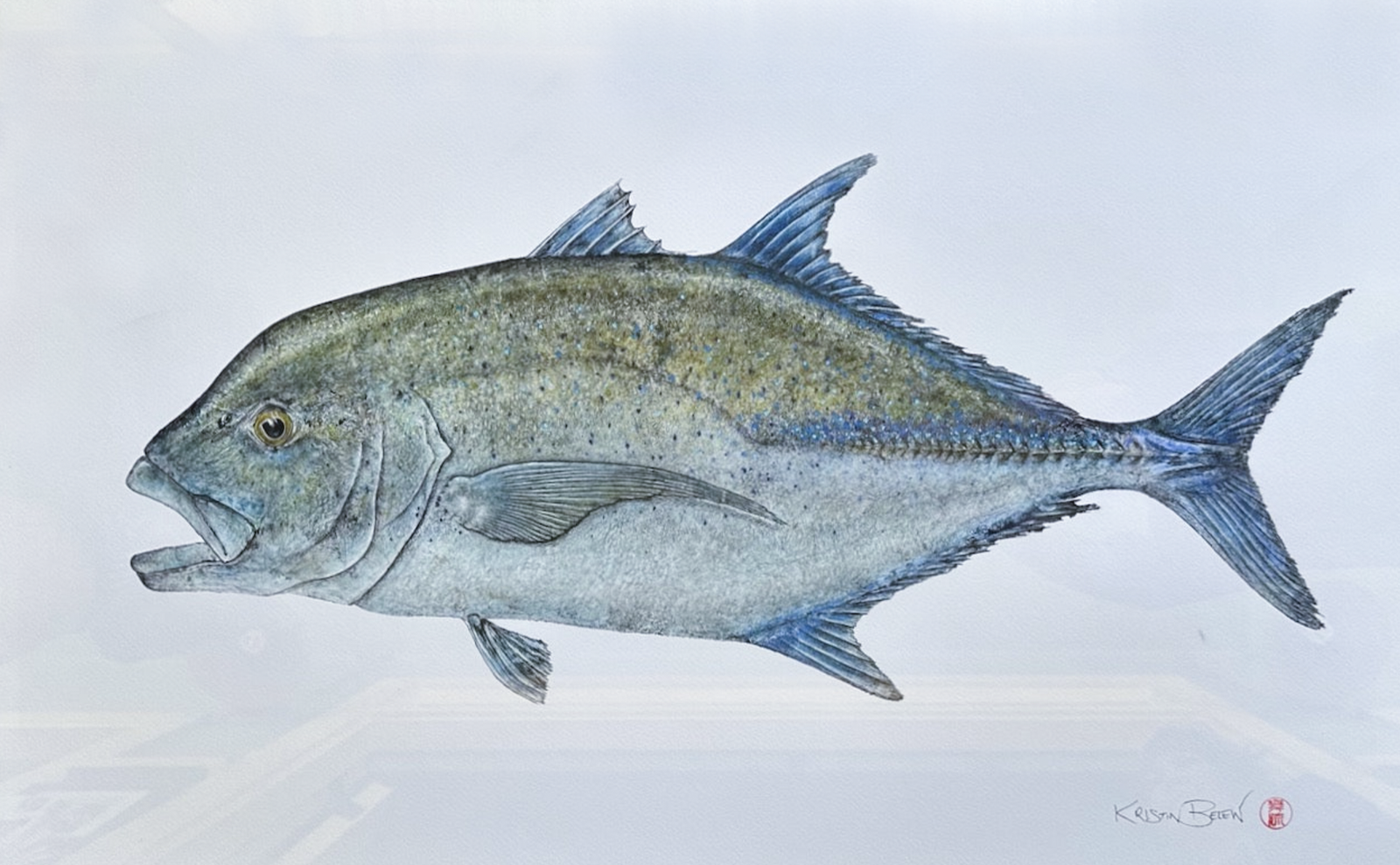 Kristin Belew: Framed "Boweʻs Omilu" (BlueFin Trevally) Gyotaku