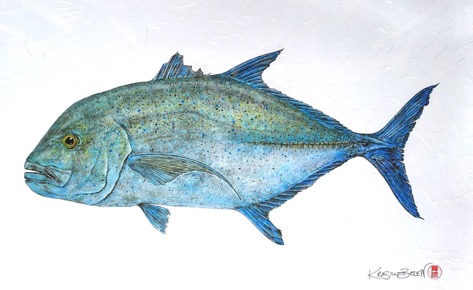 Kristin Belew: "Ru Paul" The Omilu (BlueFin Trevally) Gyotaku
